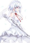  1girl absurdres blue_eyes blush breasts bridal_veil dress gloves gun hair_ornament hairclip highres looking_at_viewer profile pu_lona red_ribbon ribbon short_hair siesta_(tantei_wa_mou_shindeiru) silver_hair standing tantei_wa_mou_shindeiru veil weapon wedding_dress white_background white_dress white_gloves white_hair x_hair_ornament 