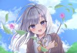  1girl absurdres ahoge bangs blue_eyes blush clouds collared_shirt elaina_(majo_no_tabitabi) eyebrows_visible_through_hair flower hair_between_eyes highres leaf long_hair long_sleeves looking_at_viewer majo_no_tabitabi open_clothes open_mouth pu_lona shirt silver_hair sky smile solo tagme upper_body white_shirt 