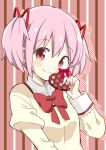  1girl box breasts dot_nose eyebrows_visible_through_hair hair_between_eyes hair_ribbon halftone heart-shaped_box high_collar highres holding holding_box juliet_sleeves kaname_madoka light_blush long_sleeves looking_at_viewer mahou_shoujo_madoka_magica mitakihara_school_uniform neck_ribbon pink_eyes pink_hair pink_ribbon polka_dot puffy_sleeves red_ribbon ribbon school_uniform small_breasts smile solo striped striped_background tareme tsubaki_(tatajd) twintails valentine vertical_stripes 