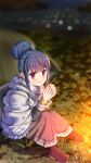  1girl absurdres blue_hair blurry blurry_background hair_bun highres night oekakiism outdoors own_hands_together shawl shima_rin sitting smile solo tent violet_eyes yurucamp 