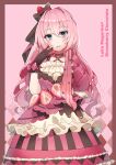  1girl blue_eyes candy chocolate chocolate_clothes food food-themed_hair_ornament gloves hair_ornament hand_up heart heart-shaped_chocolate highres kusunokimizuha long_hair megurine_luka parted_lips pink_hair ribbon solo strawberry_hair_ornament valentine vocaloid 