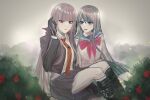  2girls alternate_hair_color bangs black_gloves black_jacket black_skirt blue_sailor_collar bow bowtie braid bush danganronpa:_trigger_happy_havoc danganronpa_(series) flower garasu_(natto_oc) gloves gradient gradient_background grey_background grey_hair grey_shirt hair_ornament hair_ribbon hairclip highres jacket kirigiri_kyouko long_hair long_sleeves looking_at_viewer maizono_sayaka multiple_girls necktie open_clothes open_jacket pink_bow pink_bowtie pleated_skirt red_flower ribbon sailor_collar school_uniform shiny shiny_hair shirt side_braid single_braid skirt smile violet_eyes 