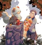  1boy alternate_costume berry_(pokemon) brown_hair brown_hakama closed_mouth commentary_request green_(grimy) grey_hair grey_jacket growlithe hakama highres hisuian_growlithe holding holding_pokemon jacket japanese_clothes kabu_(pokemon) kimono leaves_in_wind looking_up male_focus oran_berry outdoors pokemon pokemon_(creature) pokemon_(game) pokemon_swsh sandals short_hair sitrus_berry smile socks standing white_legwear 