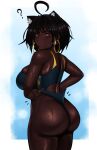  1girl ahoge ahoge_cat_girl_(kevbot) animal_ears ass backboob bare_arms black_hair black_swimsuit blush breasts cat_ears competition_swimsuit dark-skinned_female dark_skin extra_ears from_behind highres kevbot large_breasts looking_at_viewer looking_back one-piece_swimsuit original red_eyes shiny shiny_hair shiny_skin short_hair sitting solo swimsuit tight very_dark_skin wet 