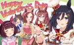  5girls ahoge animal_ears apron bangs black_hair blue_eyes blush bowl brown_hair chef_hat chocolate chocolate_making closed_eyes coat company_name copyright cupcake dress eishin_flash_(umamusume) finger_in_mouth food hair_ornament hairband happy_valentine hat head_scarf heart horse_ears long_hair looking_at_viewer mihono_bourbon_(umamusume) mini_hat multiple_girls nishino_flower_(umamusume) notice_lines official_art open_mouth pastry_bag ribbed_sweater sakura_bakushin_o_(umamusume) short_hair smile spatula sweater tongue tosen_jordan_(umamusume) tray umamusume upper_body violet_eyes wrist_cuffs x_hair_ornament yellow_sweater 