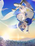  1boy blue_eyes blue_hair blue_pants blue_scarf blurry blurry_foreground boots coat commentary depth_of_field falling foreshortening headset kaito_(vocaloid) kaito_(vocaloid3) knee_boots male_focus midair mountainous_horizon open_mouth outdoors outstretched_arms pants scarf smile solo sunrise tiripow upside-down vocaloid white_coat 