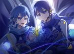  2boys absurdres blue_eyes blue_flower blue_hair blue_rose bouquet coat dual_persona earphones flower highres kaito_(vocaloid) kaito_(vocaloid3) long_sleeves looking_at_viewer male_focus multiple_boys rose scarf smile vocaloid ziling 