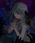 1girl ababuababeababa blue_flower blue_rose disembodied_limb flower grey_hair gun highres hitobashira_alice_(vocaloid) kusanagi_nene own_hands_clasped own_hands_together petals project_sekai ribbon rose scared sleeveless solo violet_eyes weapon 