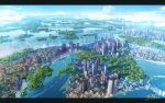  artist_name blue_sky building city cityscape clouds commentary_request day letterboxed no_humans original outdoors scenery signature sky skyscraper tree waisshu_(sougyokyuu) water waterfall 