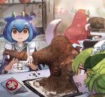  3girls apron blue_hair chocolate_statue dragon_girl dragon_horns dragon_tail dress duel_monster from_behind green_hair hatano_kiyoshi highres holding horns kitchen kitchen_dragonmaid laundry_dragonmaid lava_golem_(yu-gi-oh!) leaf long_sleeves maid maid_apron maid_headdress multicolored_hair multiple_girls o_o open_mouth parlor_dragonmaid pink_hair purple_hair redhead tail yellow_eyes yu-gi-oh! 