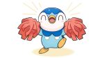  ^_^ blush closed_eyes commentary_request creature full_body happy holding holding_pom_poms leg_up no_humans official_art open_mouth piplup pokemon pokemon_(creature) pom_pom_(cheerleading) project_pochama solo tongue white_background 