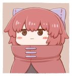  1girl :| bangs black_shirt blue_bow blush_stickers border bow brown_background chibi cloak closed_mouth cropped_torso expressionless hair_bow high_collar jitome poronegi red_cloak redhead sekibanki shirt short_hair simple_background solo touhou upper_body white_border 