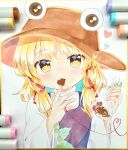  1girl bag bangs blonde_hair brown_headwear candy chocolate eyebrows_visible_through_hair food food_in_mouth heart heart-shaped_chocolate heart-shaped_pupils highres holding holding_bag leaf long_sleeves looking_at_viewer marker_(medium) moriya_suwako photo_(medium) ramudia_(lamyun) short_hair sidelocks solo symbol-shaped_pupils touhou traditional_media turtleneck upper_body valentine wide_sleeves yellow_eyes 