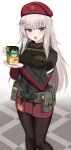  1girl absurdres ak74m_(girls&#039;_frontline) bangs beret black_jacket black_legwear blue_eyes blush candy chocolate chocolate_bar eyebrows_visible_through_hair feet_out_of_frame food girls_frontline hair_ornament hat highres holding jacket light_brown_hair long_sleeves looking_at_viewer open_mouth pantyhose red_headwear red_skirt russian_flag skirt snowflake_hair_ornament solo yakob_labo 