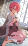  1girl barefoot bed_sheet bedroom blue_bow bow closed_mouth collarbone cup dress hair_ornament hair_over_one_eye highres holding holding_cup indoors long_dress on_bed pink_dress pink_hair ram_(re:zero) re:zero_kara_hajimeru_isekai_seikatsu red_eyes shiny shiny_hair short_hair sitting sitting_on_bed sleepwear solo sunlight x_hair_ornament 