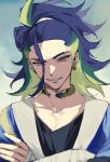  1boy adaman_(pokemon) blue_coat blue_hair brown_eyes coat crossed_arms earrings eyebrow_cut green_hair grin jewelry male_focus multicolored_hair namakawa pokemon pokemon_(game) pokemon_legends:_arceus ponytail smile solo symbol-only_commentary 