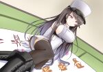  1girl azur_lane black_footwear boots breasts brown_hair brown_legwear cross-laced_footwear dress elbow_gloves fur_hat gloves hat highres indoors iron_blood_(emblem) large_breasts long_hair looking_at_viewer pamiat_merkuria_(azur_lane) retrofit_(azur_lane) sideboob simple_background solo thigh-highs twister very_long_hair violet_eyes white_dress white_gloves yukkurimikan 