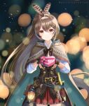  1girl ahoge belt blurry blush bokeh box box_of_chocolates brown_capelet brown_cloak brown_corset brown_eyes brown_hair cape capelet cloak corset dagger depth_of_field feather_hair_ornament feathers gloves hair_ornament hc_(razel1) hieroglyphics highres hololive hololive_english knife lantern long_hair looking_at_viewer multicolored_hair nanashi_mumei partially_fingerless_gloves ponytail pouch red_skirt skirt smile snow snowing solo streaked_hair valentine virtual_youtuber weapon 