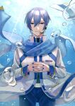  1boy air_bubble belt blue_eyes blue_hair blue_nails blue_pants blue_scarf bubble caustics closed_mouth coat commentary cowboy_shot headset kaito_(vocaloid) kaito_(vocaloid3) kusui_mikuro light_smile male_focus nail_polish own_hands_together pants scarf solo submerged underwear vocaloid white_coat 