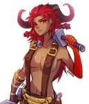  1girl 2020 artist_name bare_shoulders belt closed_mouth collarbone cowboy_shot dark-skinned_female dark_skin english_commentary gauntlets genderswap genderswap_(mtf) goat_horns gold_trim hammer horns league_of_legends long_hair looking_at_viewer navel no_bra ornn red_eyes redhead shaded_face short_twintails simple_background single_gauntlet solo topless twintails v-shaped_eyebrows vmat white_background 