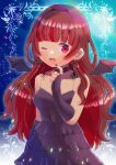  1girl bat_wings blush choker collar cross cross_earrings dress earrings eipuru finger_to_own_chin gothic indie_virtual_youtuber jewelry kou_hiyoyo long_hair mini_wings mole mole_under_eye nail_polish one_eye_closed red_eyes redhead smile tan vampire virtual_youtuber wings 