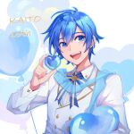  1boy balloon blue_eyes blue_hair blue_ribbon buttons character_name double-breasted feng_you heart heart_balloon holding holding_balloon holding_heart jacket kaito_(vocaloid) looking_at_viewer male_focus neck_ribbon open_mouth ribbon smile solo uniform upper_body vocaloid white_jacket white_uniform 