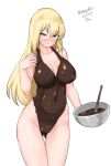  1girl absurdres bismarck_(kancolle) blonde_hair blue_eyes bodypaint bowl breasts brown_swimsuit chocolate chocolate_on_body cowboy_shot dated food_on_body highres kantai_collection large_breasts looking_at_viewer maru_(marg0613) naked_chocolate nude one-hour_drawing_challenge simple_background solo standing swimsuit twitter_username white_background 