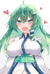  1girl :d absurdres ahoge bangs blush breasts collarbone collared_shirt commentary_request detached_sleeves eyebrows_visible_through_hair eyelashes frog_hair_ornament gift green_eyes green_hair hair_between_eyes hair_ornament heart highres holding holding_gift incoming_gift kochiya_sanae large_breasts long_hair long_sleeves looking_at_viewer navel nontraditional_miko open_mouth shirt sidelocks simple_background single_hair_tube sleeveless sleeveless_shirt smile snake_hair_ornament solo standing sweatdrop touhou valentine wavy_mouth white_background white_shirt white_sleeves wide_sleeves wing_collar yuzi_(32745637280) 