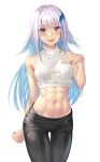  1girl abs bangs bare_shoulders black_pants blue_hair blunt_bangs blush breasts colored_inner_hair commentary_request commission cowboy_shot crop_top hair_ornament highres kokuzou lize_helesta looking_at_viewer medium_breasts multicolored_hair navel nijisanji open_mouth pants silver_hair simple_background skeb_commission sleeveless sleeveless_sweater smile solo sweater thigh_gap toned two-tone_hair violet_eyes virtual_youtuber white_background white_sweater 