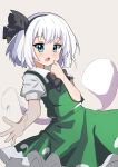  1girl absurdres aqua_eyes bangs black_bow black_bowtie black_hairband bow bowtie ghost green_skirt green_vest grey_background hairband highres konpaku_youmu konpaku_youmu_(ghost) looking_at_viewer open_mouth puffy_short_sleeves puffy_sleeves rafa_(rafua_kz) shirt short_hair short_sleeves simple_background skirt solo touhou vest white_hair white_shirt 