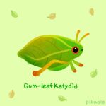  animal animal_focus antennae artist_name bug closed_mouth commentary english_commentary english_text green_background leaf no_humans orange_eyes original pikaole simple_background smile standing watermark 