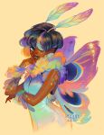 1girl antennae arthropod_girl artist_name bangs blue_dress blue_hair breasts commentary dark-skinned_female dark_skin dress english_commentary facial_mark feather_boa geneva_bowers green_dress hair_over_one_eye looking_at_viewer moth_antennae moth_girl moth_wings multicolored_clothes multicolored_dress multicolored_hair orange_nails original parted_lips purple_hair purple_wings short_hair simple_background solo very_dark_skin watermark white_dress wings yellow_background 