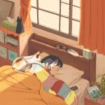  1girl animal bed black-framed_eyewear black_hair cat cellphone charger clock closed_eyes closed_mouth commentary curtains eyewear_removed glasses highres indoors inoue_haruka_(haruharu210) nightstand original phone pillow sleeping solo tissue_box under_covers window 