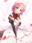  1girl :o apron black_dress blue_eyes blush bow bowtie commentary dress eyebrows_visible_through_hair hand_on_own_chest head_tilt highres hisui_(tsukihime) itsuka_neru juliet_sleeves long_sleeves looking_at_viewer maid maid_apron maid_headdress petals pink_hair pink_ribbon puffy_sleeves red_bow ribbon short_hair sitting solo tsukihime valentine white_apron white_background 
