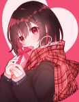  1girl :&lt; artist_name bangs blush brown_coat brown_hair closed_mouth coat eyebrows_visible_through_hair gift hair_ornament hairclip heart heart_background holding holding_gift long_sleeves looking_at_viewer original pink_background plaid plaid_scarf red_eyes red_scarf renren_(pixiv22963369) scarf short_hair signature sleeves_past_wrists solo symbol-only_commentary two-tone_background upper_body valentine 