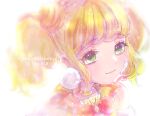  1girl ap_(pixiv74197750) bangs blonde_hair character_name choker closed_mouth cure_sparkle earrings eyebrows_visible_through_hair green_eyes hair_bun happy_birthday healin&#039;_good_precure highres jewelry long_hair portrait precure shiny shiny_hair solo twintails yellow_choker 