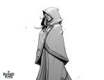  1girl bangs cloak closed_mouth copyright_name covered_eyes english_commentary greyscale hicham_habchi highres hood hood_up hooded_cloak league_of_legends long_hair monochrome official_alternate_costume official_art ruined_king:_a_league_of_legends_story solo soraka_(league_of_legends) standing 
