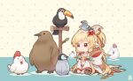  1girl animal_ears animal_on_head baby_penguin bandeau bird blonde_hair botamochi_(exwelder) brown_legwear detached_sleeves feather_hair_ornament feathers granblue_fantasy hair_ornament harvin long_hair mahira_(granblue_fantasy) on_head penguin pigeon red_eyes signature sitting solo symbol-only_commentary thigh-highs toucan wariza 