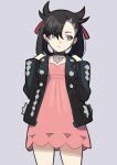  1girl absurdres black_hair blush choker dress ear_piercing hair_ornament hair_ribbon hands_on_own_shoulders highres looking_to_the_side marnie_(pokemon) ogre_(illustogre) piercing pink_dress pokemon pokemon_(game) pokemon_swsh red_ribbon ribbon sketch twintails 