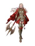  1girl axe boobplate breasts cape closed_mouth edelgard_von_hresvelg fire_emblem fire_emblem:_three_houses fire_emblem_warriors:_three_hopes full_body gloves hair_ornament highres jaeon009 long_hair long_sleeves looking_at_viewer official_alternate_costume official_alternate_hairstyle red_cape simple_background skirt solo violet_eyes white_hair 