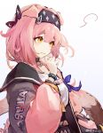  ... 1girl animal_ears arknights artist_name bangs black_hairband blue_bow bow braid cat_ears chinese_commentary closed_mouth clothes_writing coat collar commentary_request eyebrows_visible_through_hair from_side goldenglow_(arknights) hair_bow hairband highres infection_monitor_(arknights) karuu lightning_bolt_print long_hair long_sleeves looking_up open_clothes open_coat pink_coat pink_hair shirt side_braid simple_background smile solo speech_bubble spoken_ellipsis upper_body weibo_username white_background white_hair white_shirt yellow_eyes 