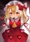  1girl arms_behind_back ascot blonde_hair blush bow candy chocolate closed_eyes dress eyebrows_visible_through_hair flandre_scarlet food hair_between_eyes hat heart heart-shaped_chocolate looking_at_viewer mob_cap mouth_hold pointy_ears red_bow red_dress red_eyes sakizaki_saki-p short_hair short_sleeves side_ponytail solo touhou valentine wings yellow_ascot 
