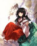  1girl bangs black_hair blunt_bangs character_request commentary_request detached_sleeves frilled_skirt frills full_body gohei hair_ribbon hakama hakama_skirt highres japanese_clothes kaigen_1025 long_hair miko portrait_of_exotic_girls red_hakama red_ribbon ribbon ribbon_trim skirt touhou very_long_hair violet_eyes white_ribbon wide_sleeves 