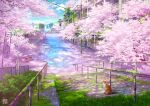  abandoned animal blue_sky cat cherry_blossoms clouds commentary_request day flood flower highres moss no_humans original outdoors overgrown petals petals_on_liquid pink_flower power_lines railing rowboat rust scenery sky stairs tokyogenso tree utility_pole water 