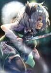  1girl absurdres bangs black_background black_hairband black_legwear blood blood_on_weapon blue_eyes dfra eyebrows_visible_through_hair fang from_side ghost grey_hair hairband highres holding holding_sword holding_weapon katana konpaku_youmu konpaku_youmu_(ghost) open_mouth red_pupils short_hair short_sleeves simple_background skin_fang smile solo sword thigh-highs touhou weapon 
