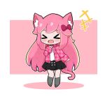  &gt;_&lt; +++ 1girl :d animal_ear_fluff animal_ears black_skirt blonde_hair blush bow cat_ears cat_girl cat_tail chibi closed_eyes commission copyright_request facing_viewer full_body grey_legwear hair_bow jacket kurotofu long_hair long_sleeves multicolored_hair no_shoes open_clothes open_jacket pink_background pink_hair pink_jacket plaid plaid_jacket pleated_skirt red_bow second-party_source shirt skirt sleeves_past_wrists smile socks solo standing streaked_hair tail two-tone_background unmoving_pattern very_long_hair white_background white_shirt xd 