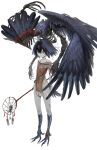  1girl bangs bare_shoulders bird_legs bird_tail black_eyes black_hair dream_catcher feathered_wings flat_chest hair_between_eyes harpy head_wings highres holding holding_staff jewelry monster_girl necklace original short_hair simple_background skeleton solo_focus staff tail talons toriseka white_background wings 