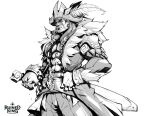  1boy abs bangs character_request closed_mouth copyright_name cowboy_shot facial_hair fur_trim greyscale hat hat_feather hicham_habchi highres league_of_legends long_hair long_sleeves monochrome muscular muscular_male official_art pants pirate_hat ruined_king:_a_league_of_legends_story scar scar_across_eye smile solo stubble weapon 