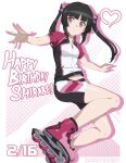  1girl absurdres bangs bike_shorts black_hair blunt_bangs breasts chuunioniika happy_birthday heart highres jersey long_hair outstretched_arms pink_eyes roller_skates senki_zesshou_symphogear shiny shiny_hair shiny_skin skates small_breasts solo sportswear tsukuyomi_shirabe twintails 