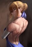  1girl absurdres ahoge artoria_pendragon_(fate) back backless_dress backless_outfit bare_shoulders blonde_hair breasts dress elbow_gloves eyebrows_visible_through_hair fate/stay_night fate_(series) gloves green_eyes hair_bun harris_hero highres looking_at_viewer looking_back muscular muscular_female parted_lips saber small_breasts solo teeth upper_body 